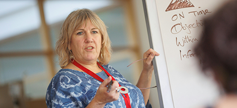a teacher standing in front of a white board