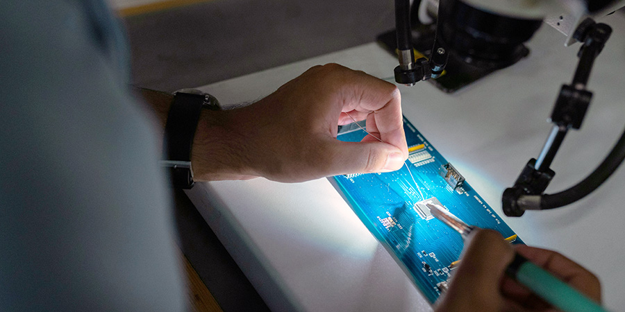student working on a circuit board