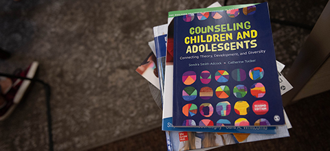 A stack of textbooks centered around counseling teens and children. 
