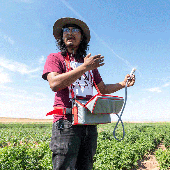 Student talking at a farm field.
