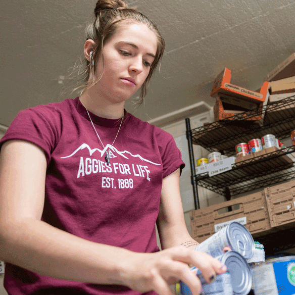 Student in food pantry sorting items.