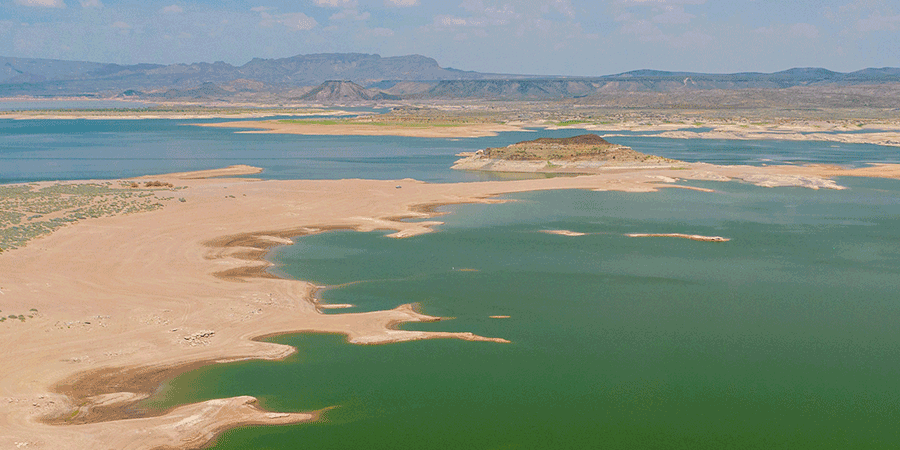 Lake water receding into land. 