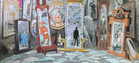 A room with mirrors in which the viewer is reflected